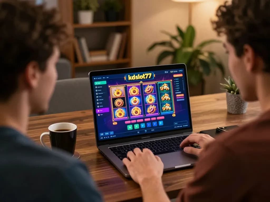Engaged player exploring kdslot77 online slots on their laptop in a cozy home setting
