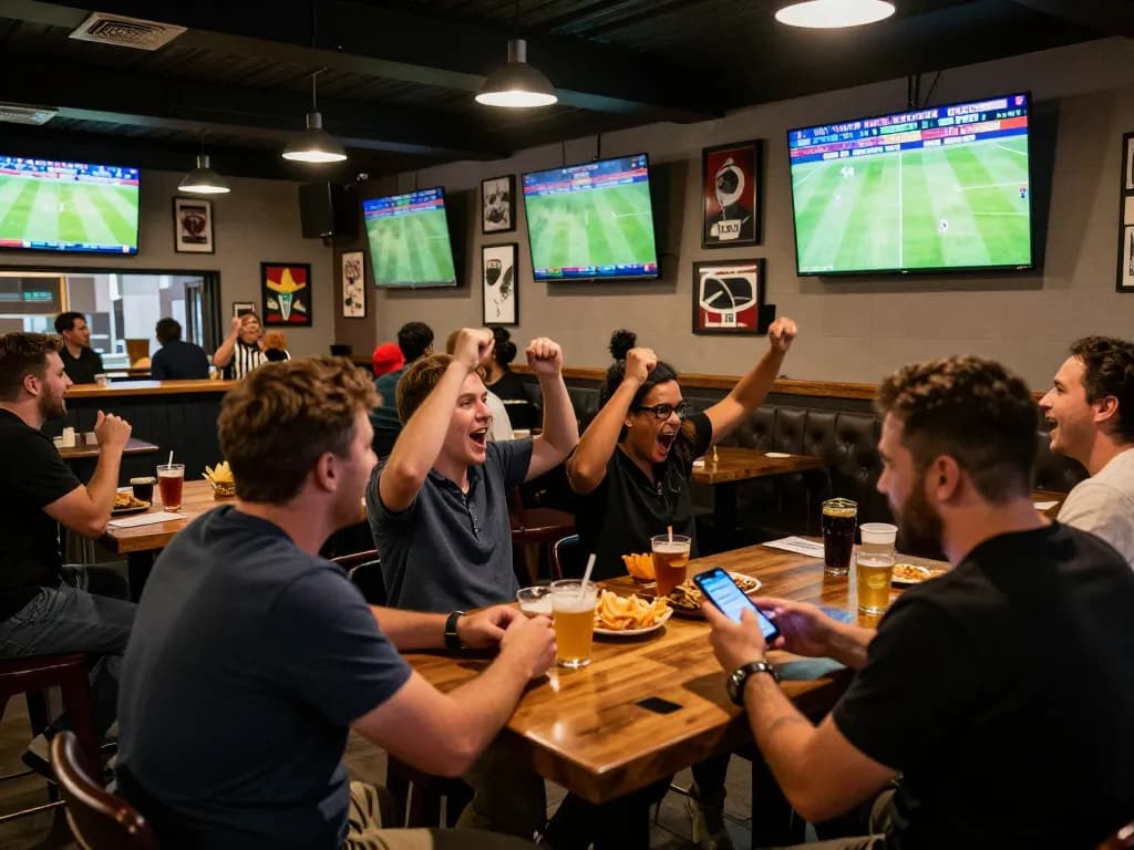 Excitement of sports betting South Africa, patrons placing bets on mobile apps while watching live sports in vibrant sports bar.
