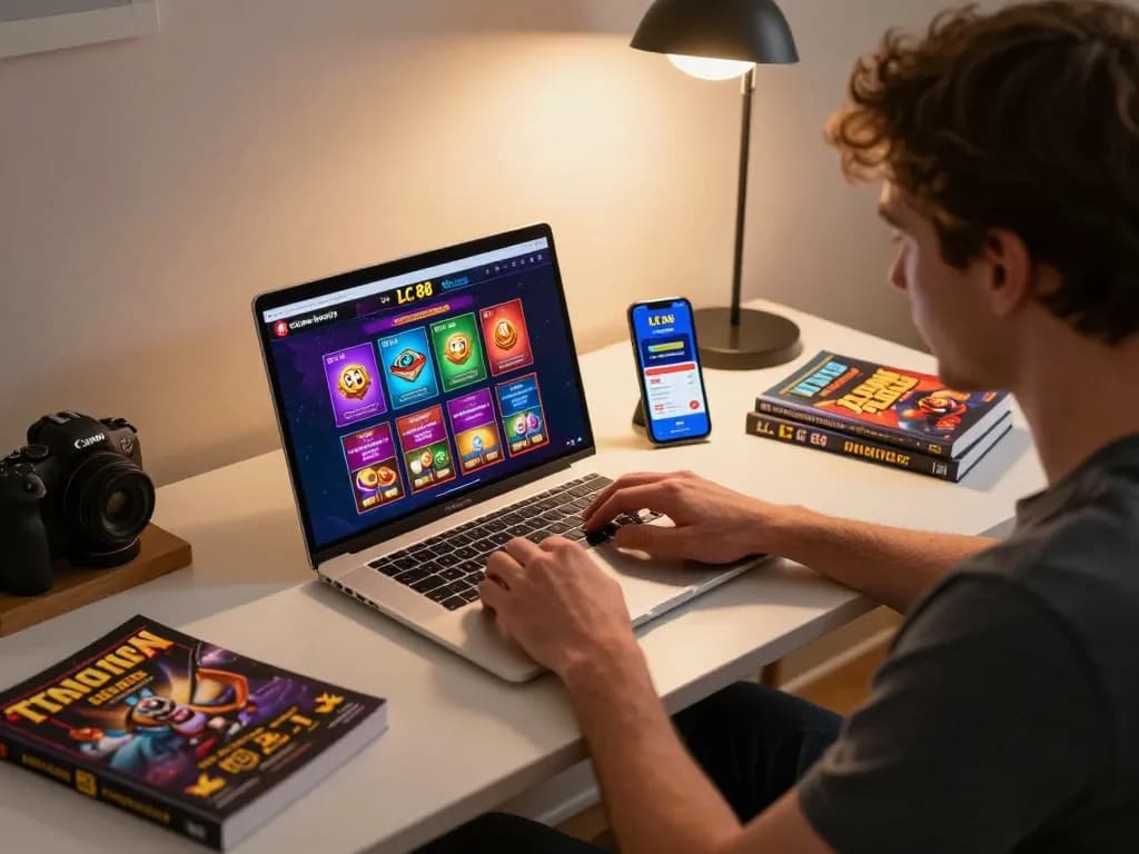 Engaged player strategizing for LC 88 online casino on laptop and smartphone.