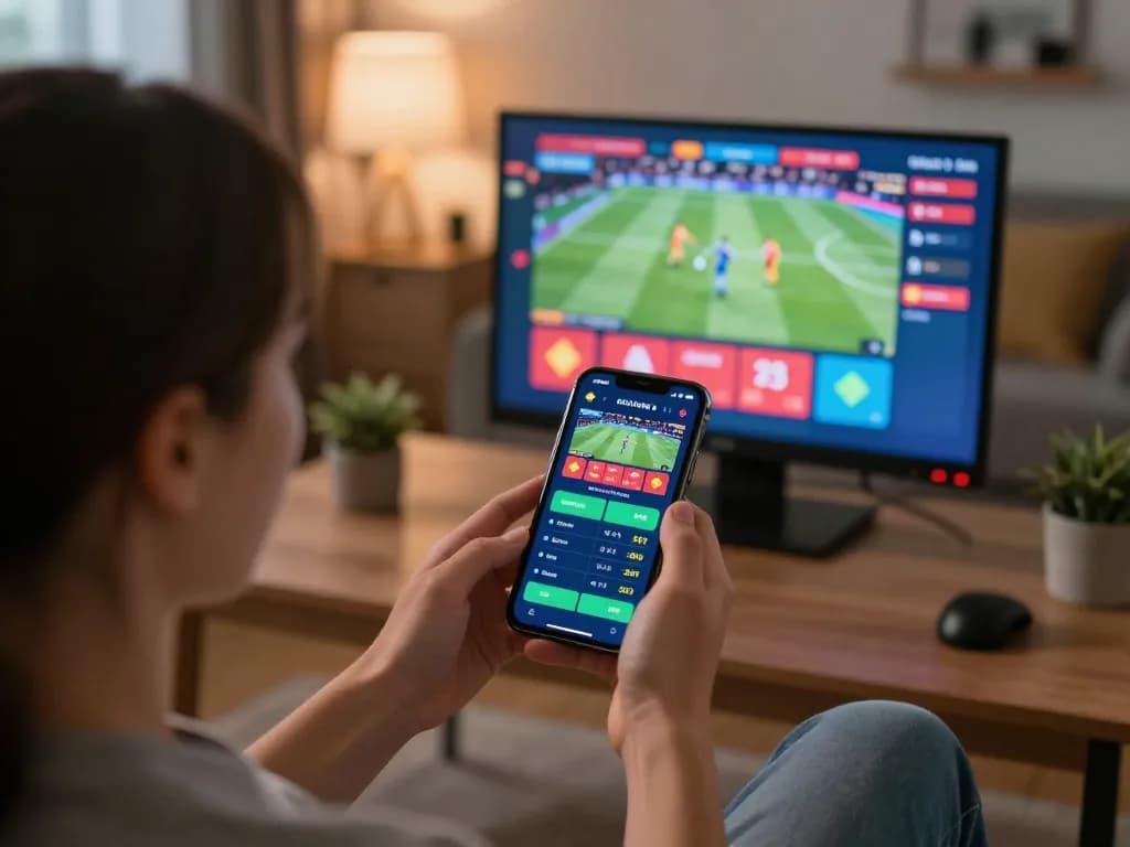 Enjoying a virtual betting experience on smartphone at home, highlighting nhà cái nk88 for strategic sports wagering.