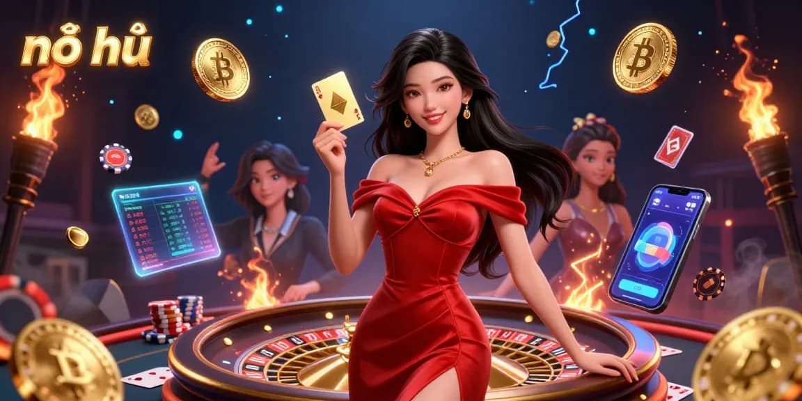 Nổ hũ jackpot excitement with a stylish casino scene featuring a beautiful woman and stunning graphics