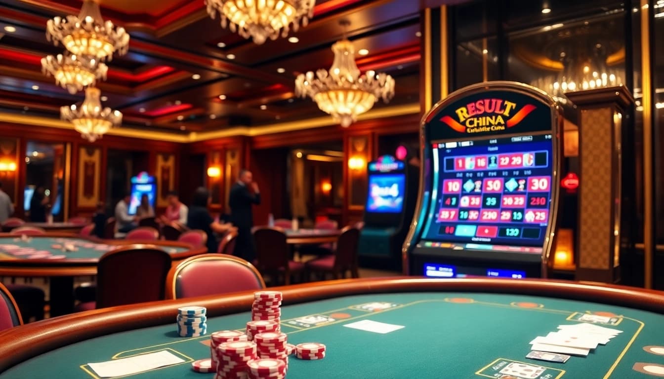 Experience the thrill of gambling with Result China at a vibrant casino poker table.