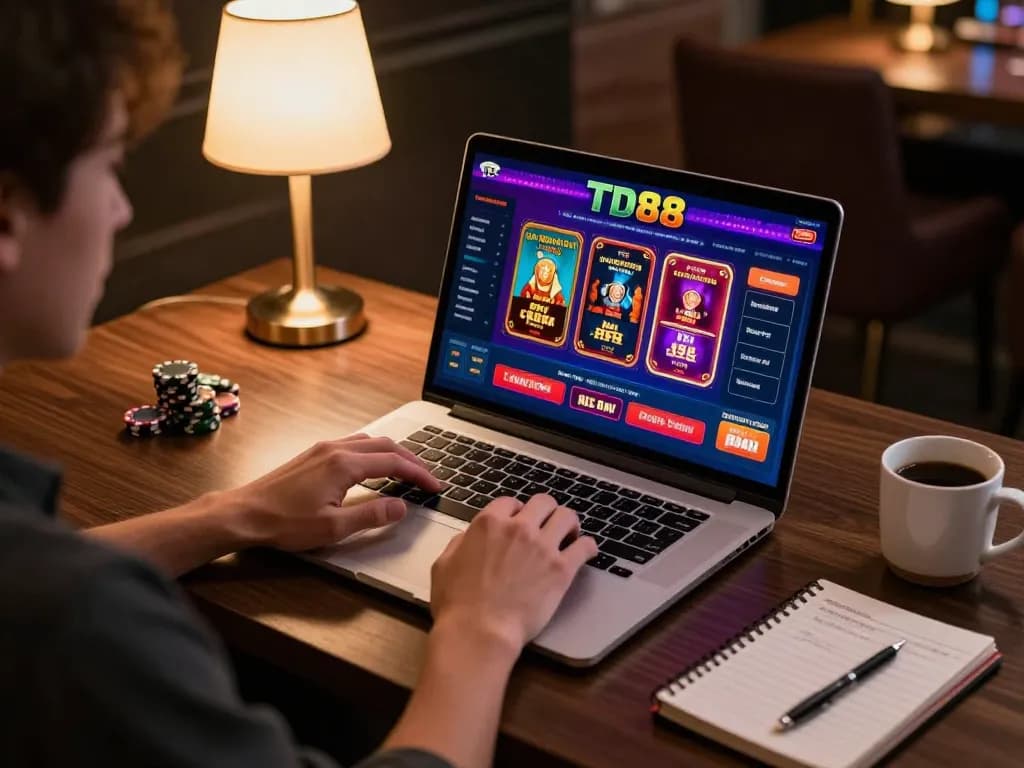 TD88 user immersed in online casino gameplay at a sleek desk, showcasing excitement and strategic engagement.