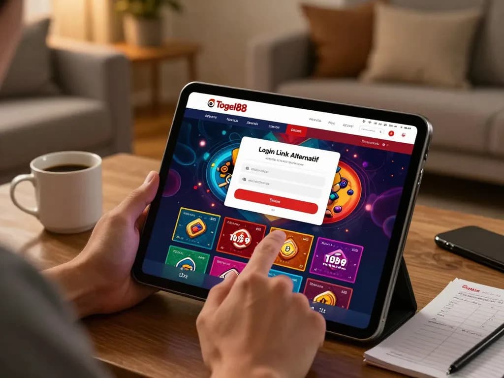 Togel88 Login Link Alternatif showcased on a tablet during an engaging online gambling session in a cozy home.
