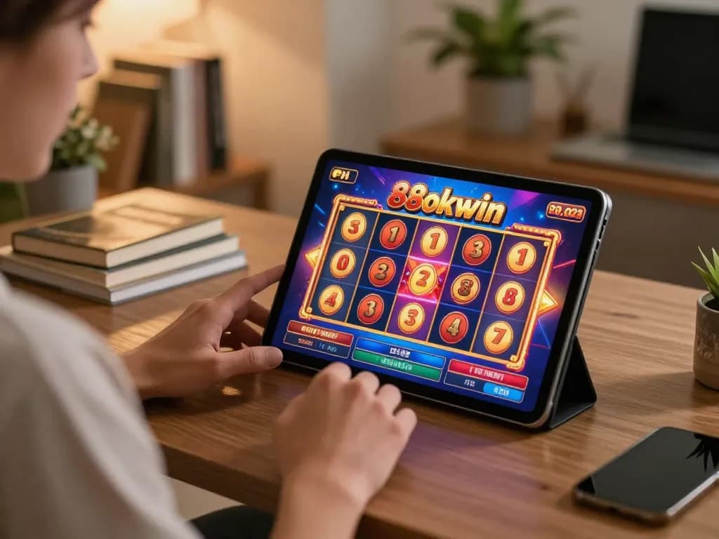 Player enjoying an immersive slot experience on 88okwin via tablet in a cozy setting
