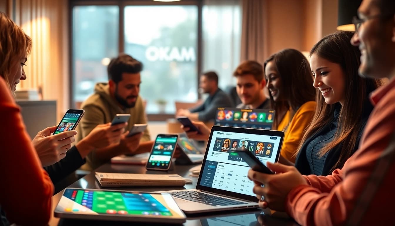 Users engaging with the OKATM online betting platform on various devices, showcasing interactive features.