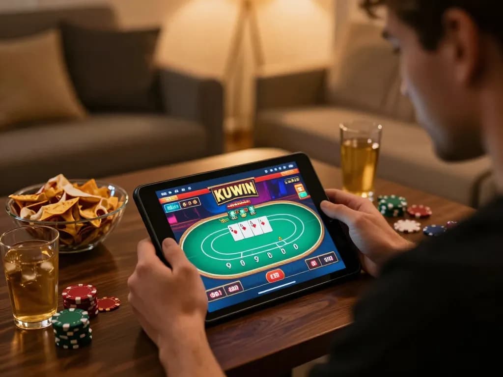Kuwin player engaging in online casino gaming with vibrant poker interface on tablet.