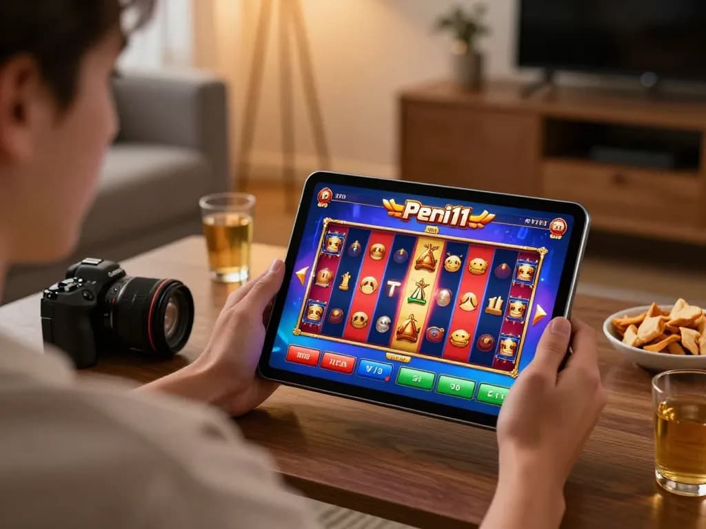 Player engaging with peri11 game app on tablet, showcasing immersive online gambling action in a cozy home.