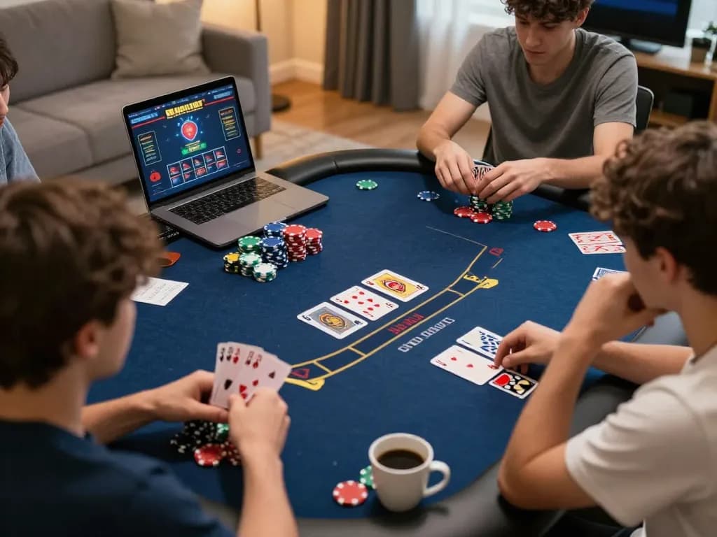 Pemain SN2121 merencanakan strategi dalam sesi permainan poker online yang intens dengan chip dan kartu berwarna-warni.