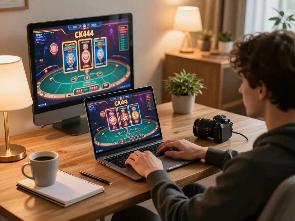 Player engaging with CK444 online casino on a laptop in a cozy home setting, strategizing for optimal gaming