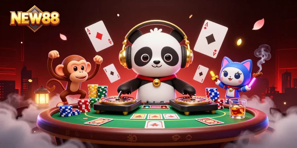 Engage in thrilling gameplay with NEW88 showcasing a vibrant, fun casino atmosphere and dynamic characters.