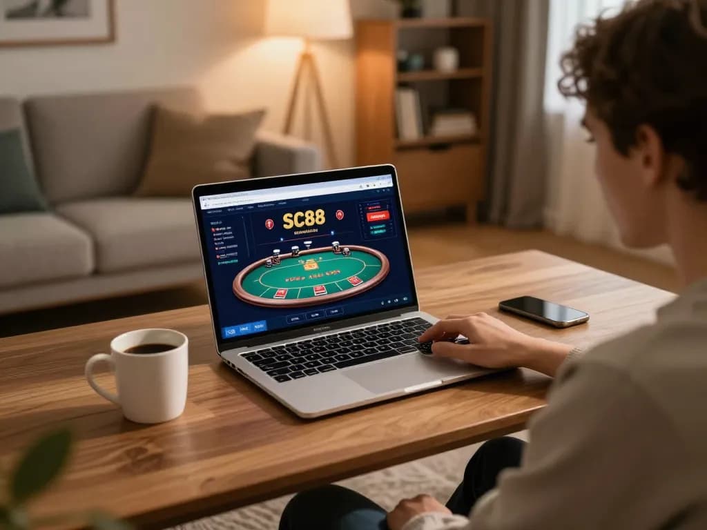 Engaging with the SC88 online casino setup from home, showcasing strategy and comfort.