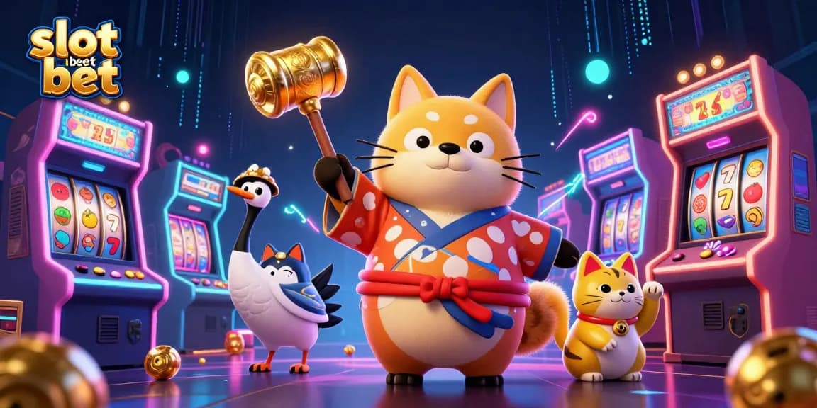 Experience the thrill of slot bet kecil with joyful tanuki, cranes, and lucky maneki-neko amidst vibrant casino elements.
