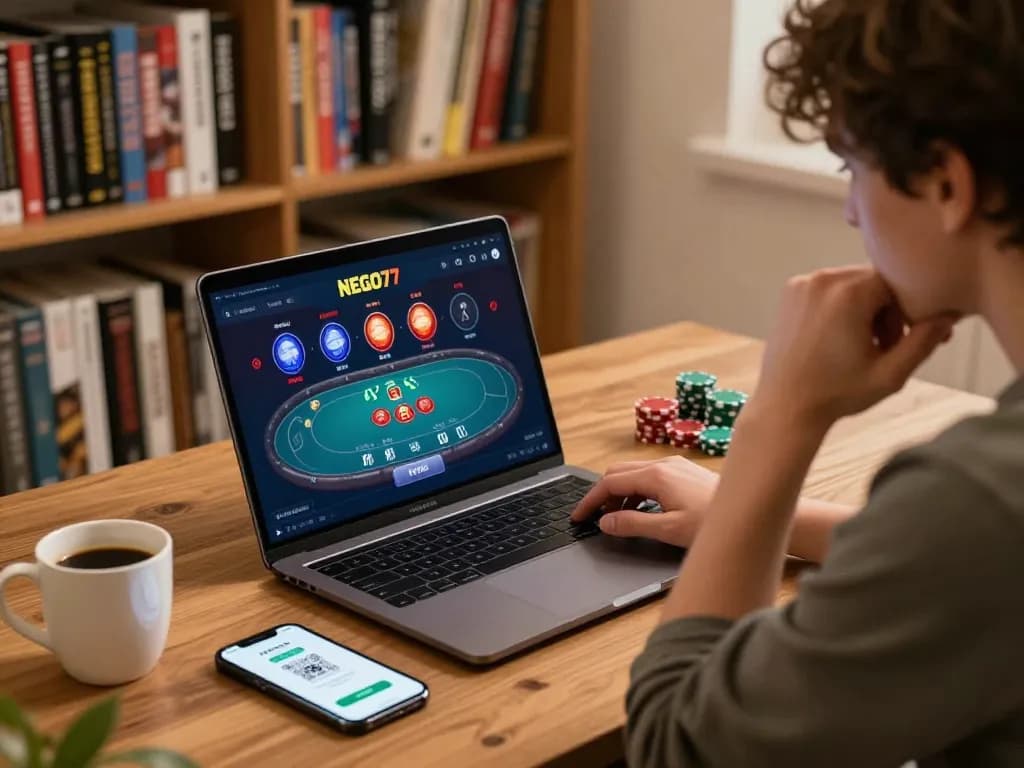Player engaging in online gambling with NEGO77 interface, showcasing a strategic poker session.