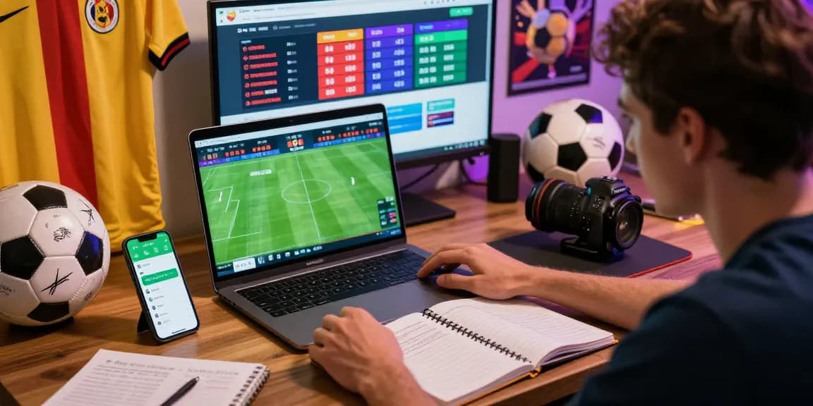 Soi kèo nhà cái: Engaged bettor analyzing soccer match statistics with live data in vibrant environment.