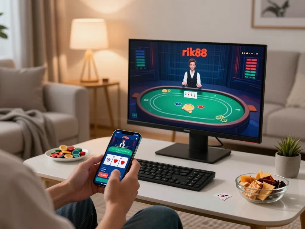 Engaging with the rik88 casino app on smartphone in a cozy living room setting