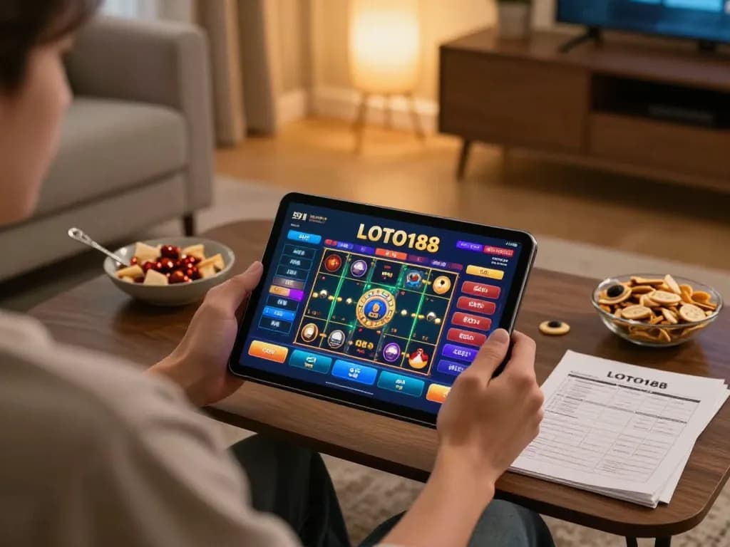 Player engaging with loto188 gaming app in cozy home, showcasing modern online gambling atmosphere