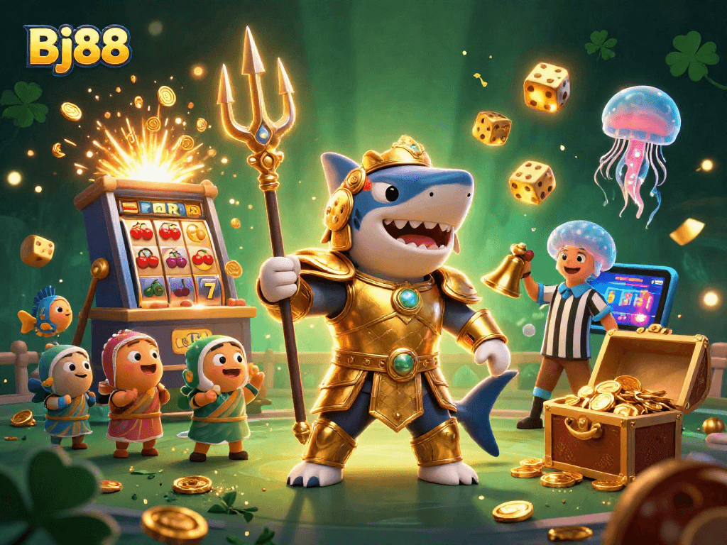 Bj88 showcases a vivid scene with a tiger shark in armor, jackpot elements, and dynamic casino features.