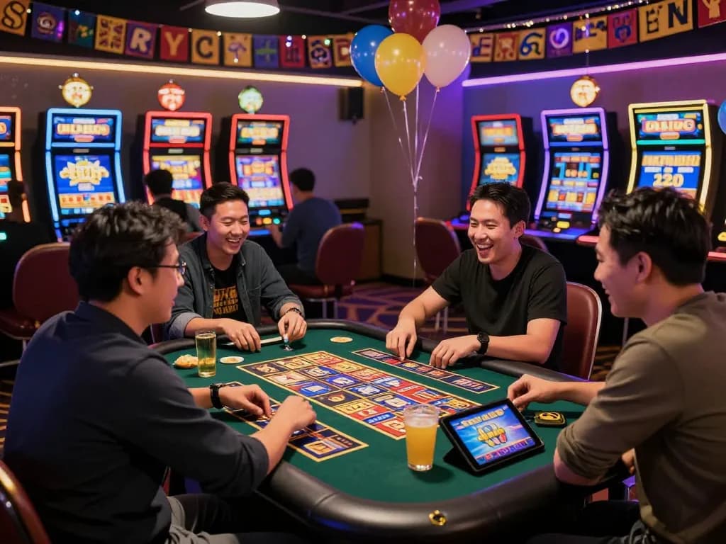 Friends enjoying New Year celebration playing slot gacor games at rusuntogel platform