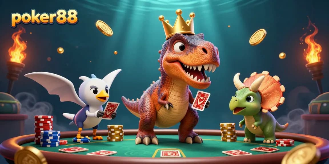 Mainkan poker88 dengan suasana seru di ilustrasi 3D, T-Rex dan teman-teman bermain kartu.