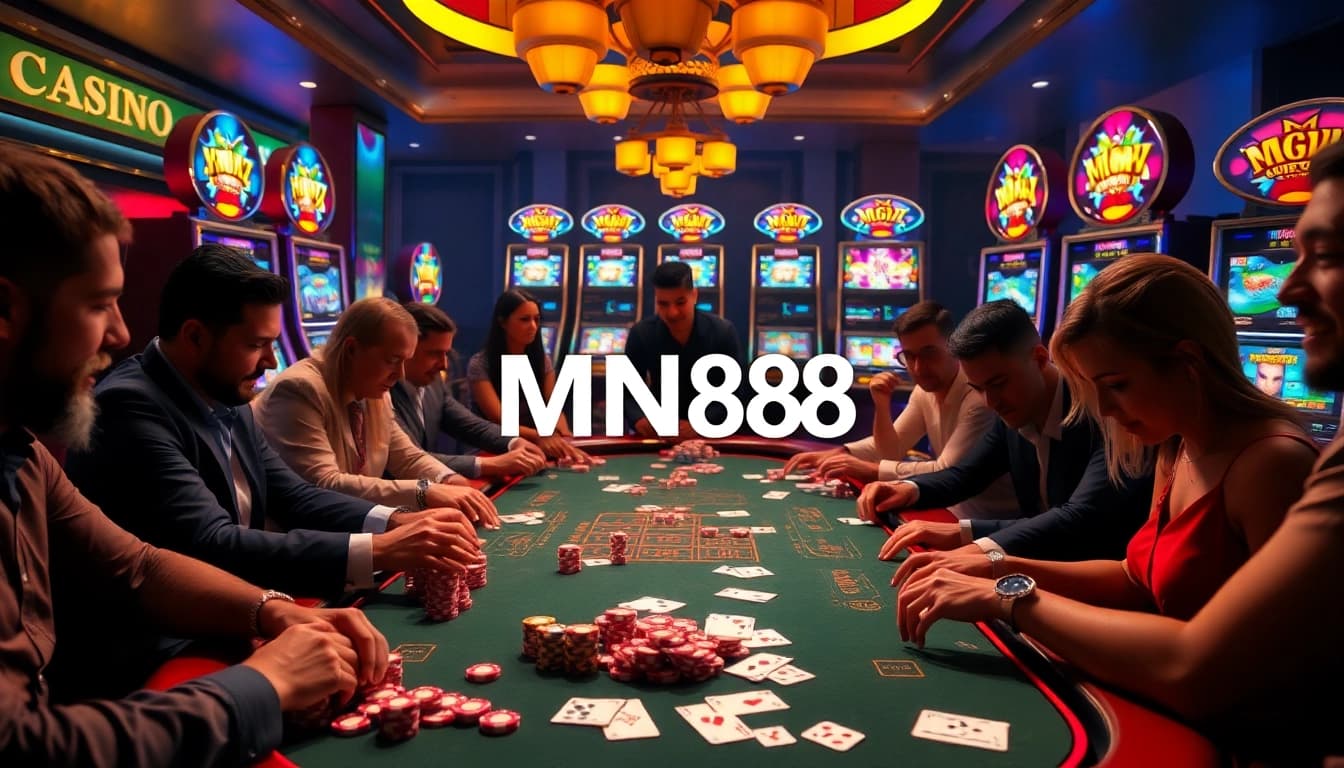 Players enjoying their experience at the MN88 casino table filled with vibrant chips and cards.