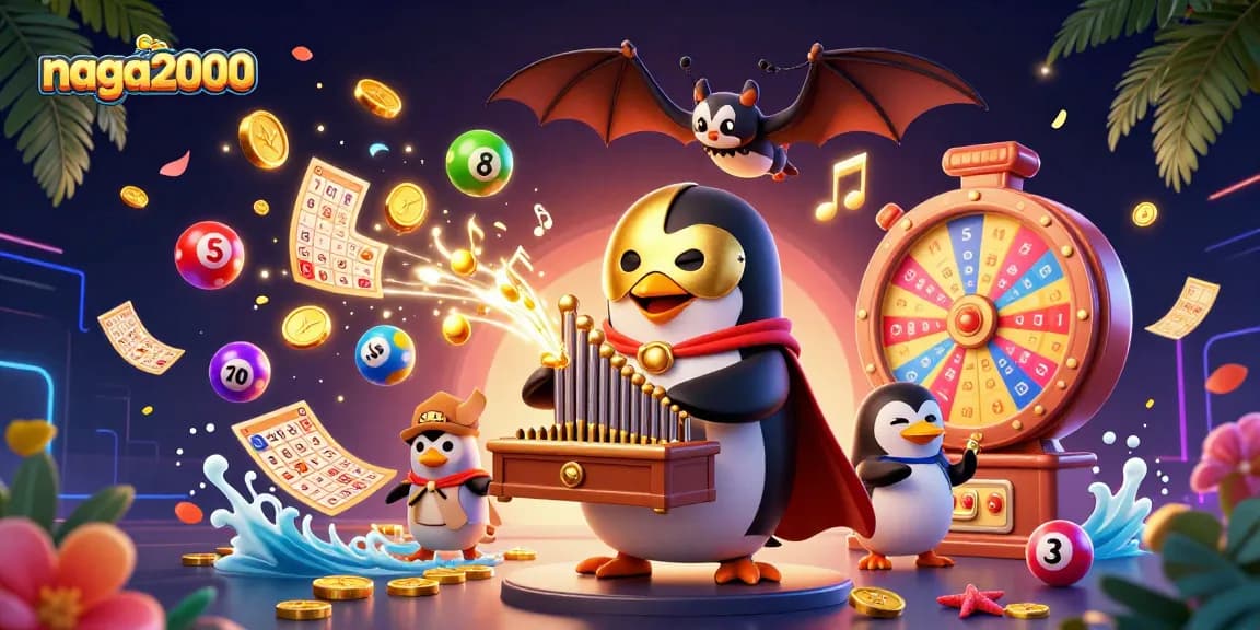 NAGA2000 dengan penguin opera bermain organ yang mengeluarkan koin emas, menampilkan keseruan perjudian.
