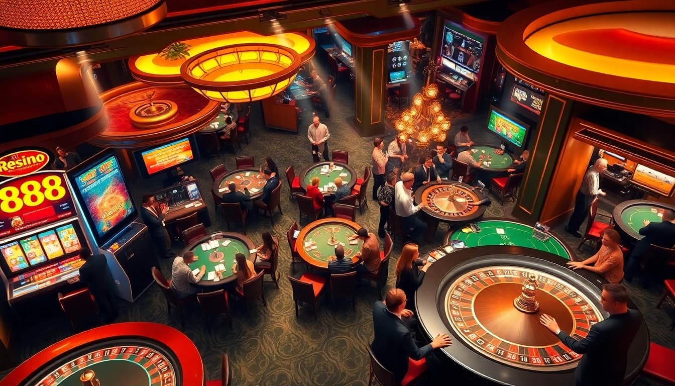 Kegembiraan mesin 888slot dalam suasana kasino mewah dengan pemain yang terlibat dan visual yang penuh warna.