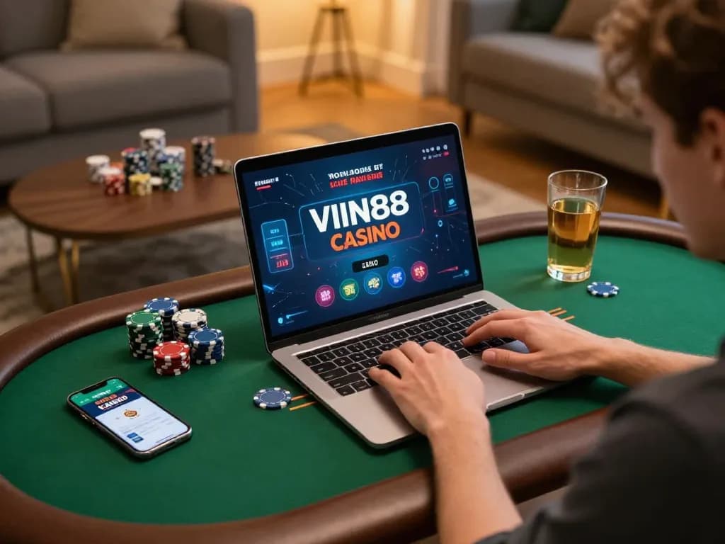 Engaging online gaming scene with vin88 app displayed, showcasing an immersive blackjack experience at home.