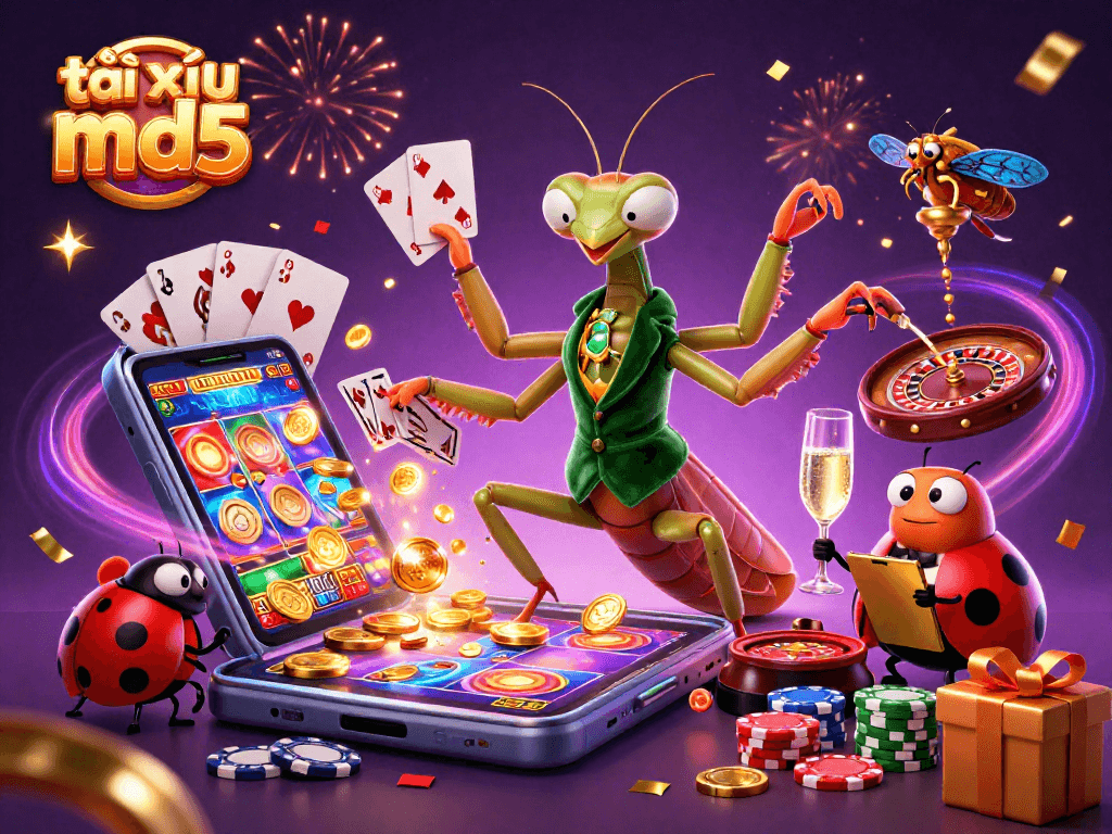 Cocktail celebration featuring tài xỉu md5 game characters like a giant mantis card sharp and ladybug pit boss among confetti and casino elements.