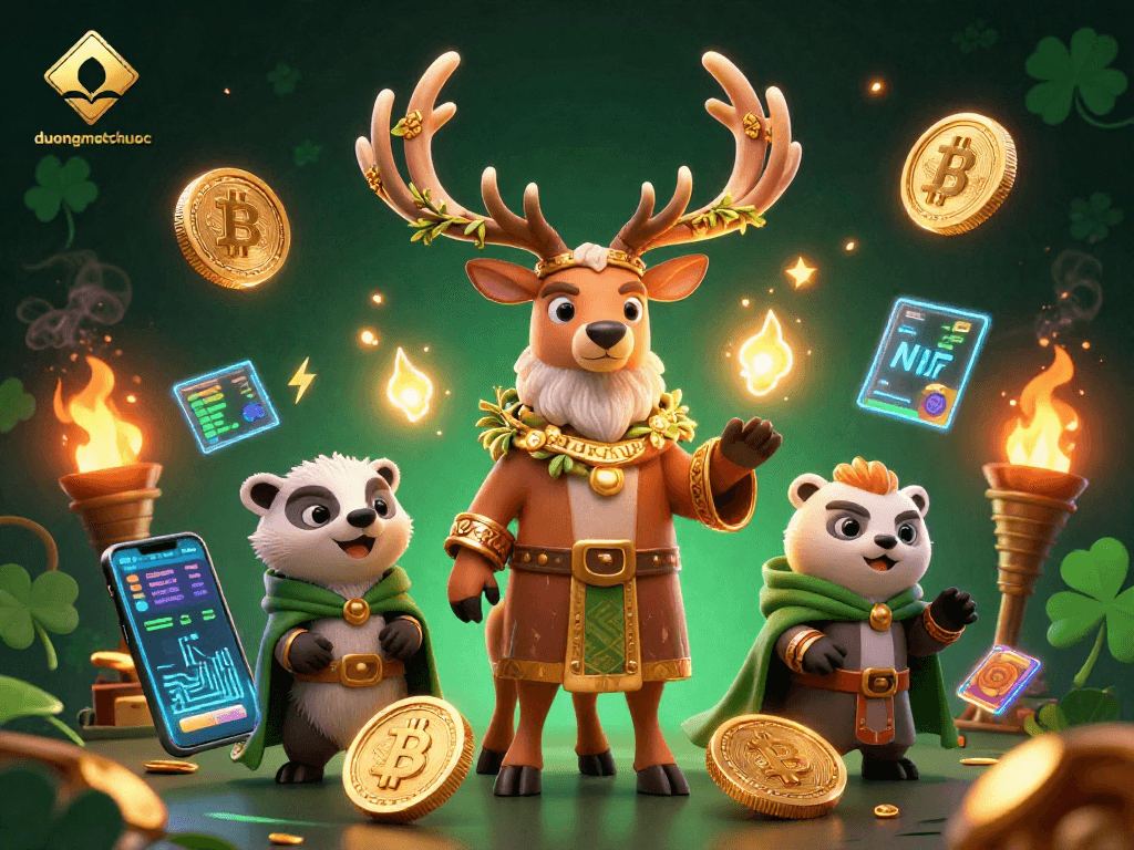 Engage with duongmatchuoc through captivating 3D casino graphics showcasing Celtic characters and crypto coins.