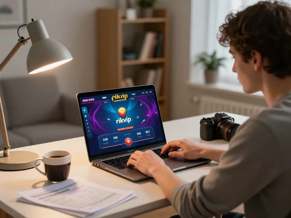 Player engaging with the rikvip poker interface at home, creating a cozy gambling atmosphere.