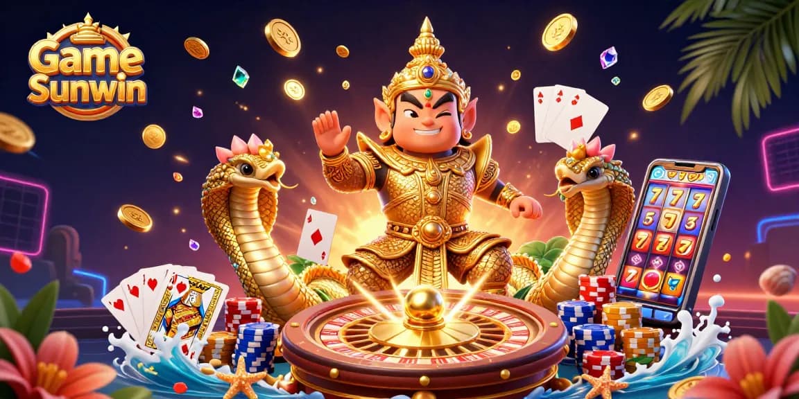 Win big with Game Sunwin, a vibrant 3D illustration featuring casino elements like coins, roulette, and cards.