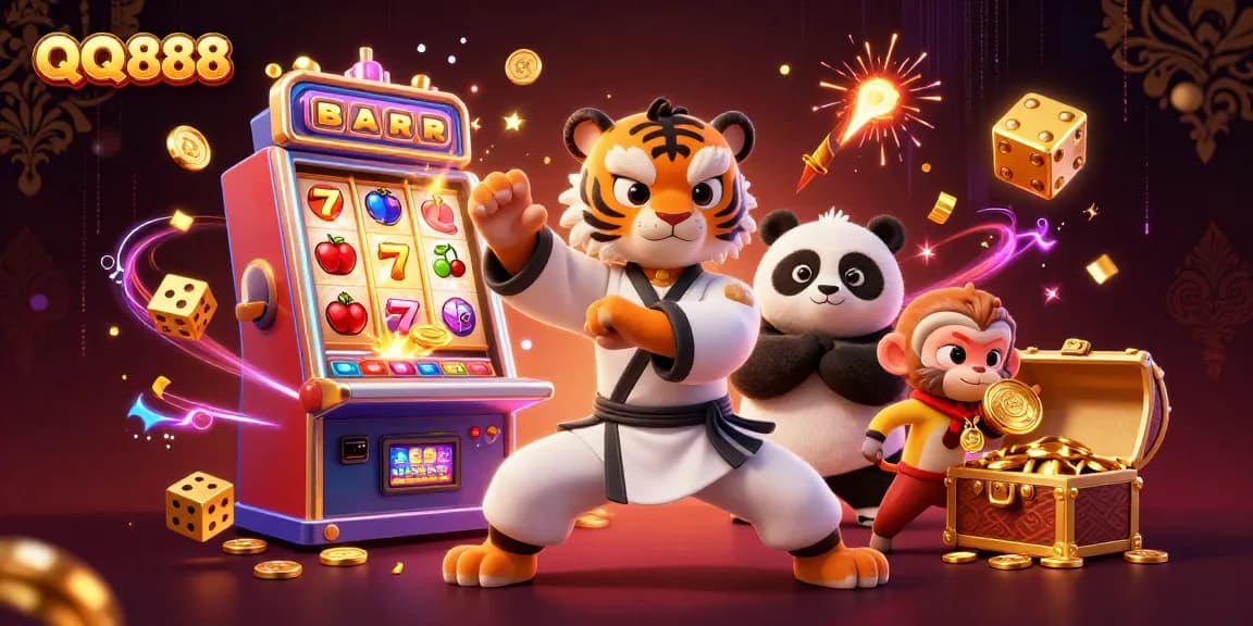 Experience excitement with QQ888 at this vibrant online casino scene featuring a kung fu master and a playful monkey.