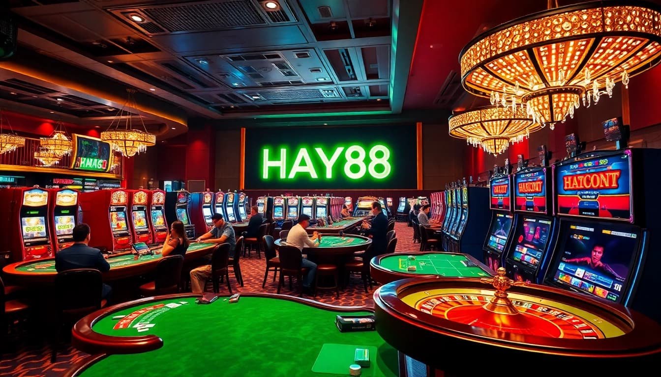 Experience high-stakes gaming at HAY88's luxurious casino, showcasing thrilling tables and vibrant slot machines.