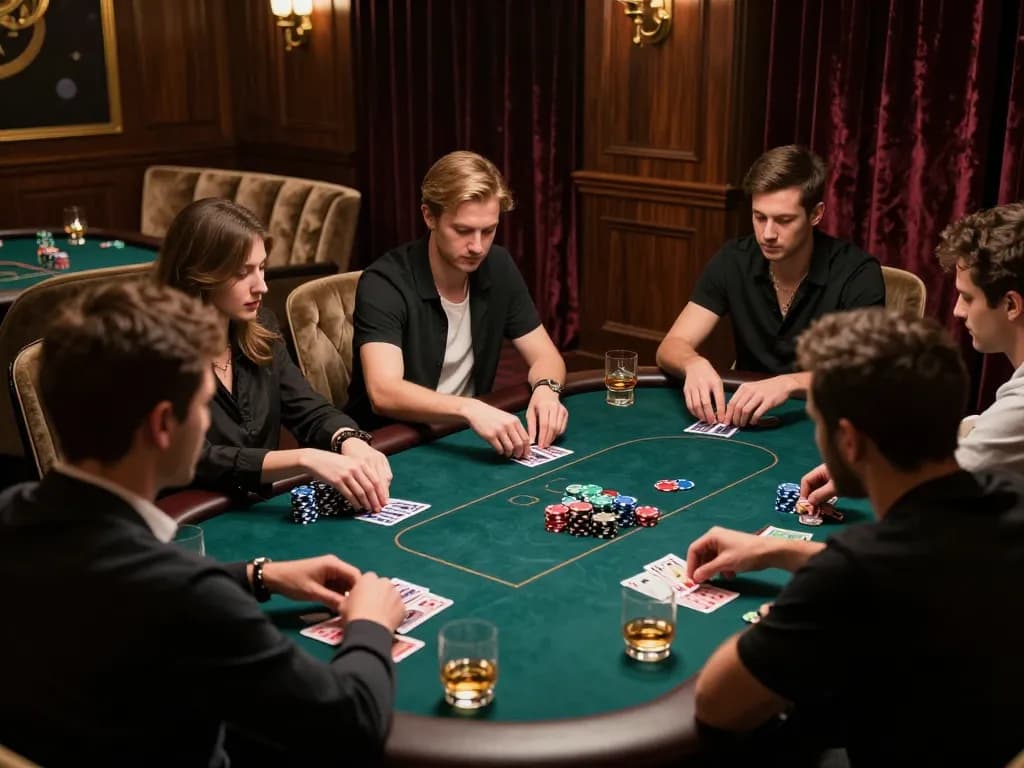 Nohu90 players strategizing in a luxury poker room with focused gameplay