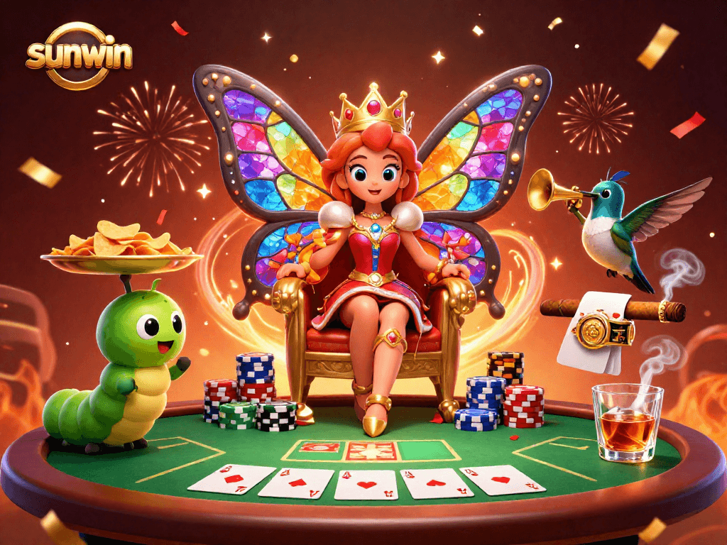Experience the excitement of sunwin as colorful characters engage in a lively poker scene.