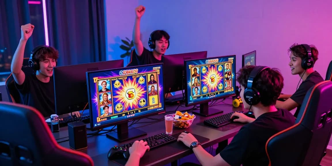 Excited players engaging with OSAKA88 slots in vibrant home gaming setup.
