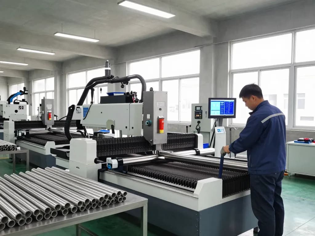 Technician in safety gear operating sumwin stainless steel cutting machine in modern facility.