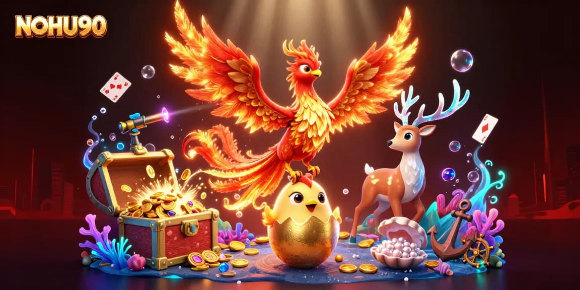 Experience the thrill of NOHU90 with vibrant phoenixes and dynamic casino elements in action.