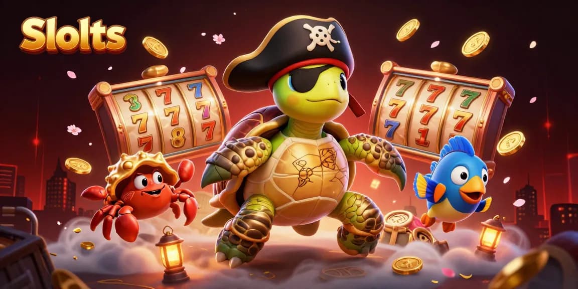 Experience exciting Slots adventures with a pirate turtle, hermit crab, and parrotfish amidst spinning reels and gold.