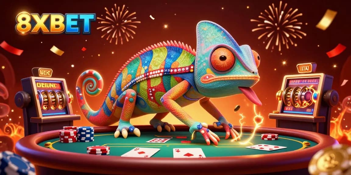 Experience thrilling gaming excitement with 8XBET's vibrant casino illustration, showcasing a colorful chameleon and dynamic poker elements.