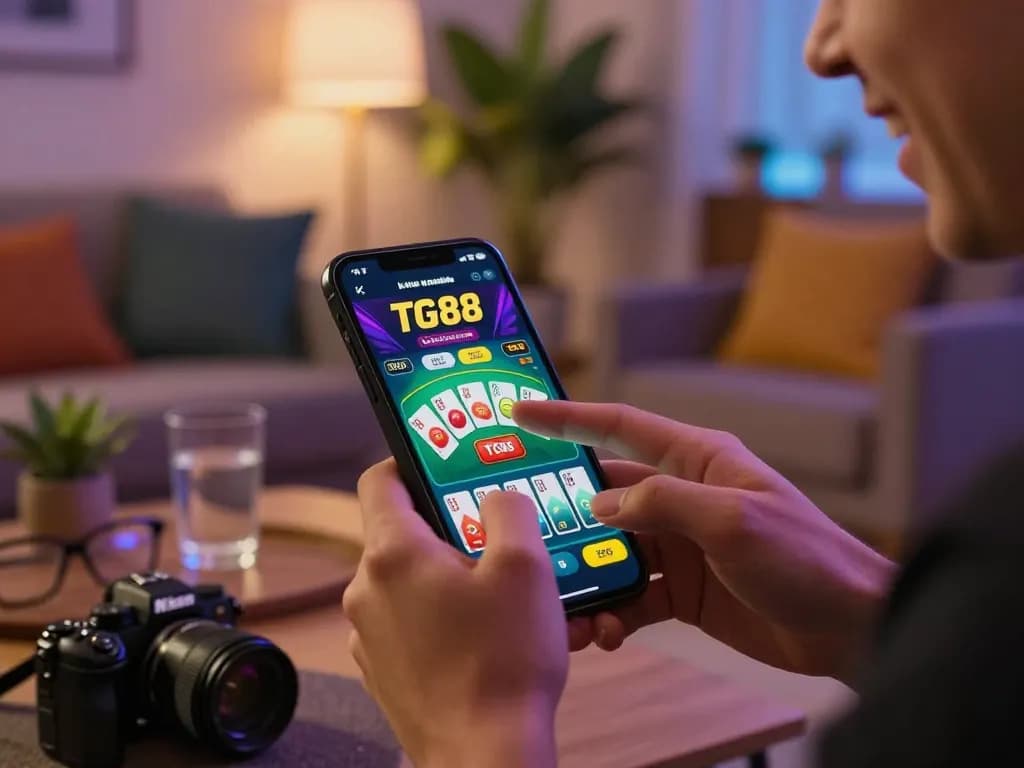 TG88 user engaging in mobile casino gaming with vibrant app interface in modern living room.