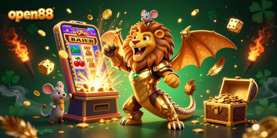 Engage with thrilling open88 casino action featuring a triumphant chimera and vibrant slot machine excitement.