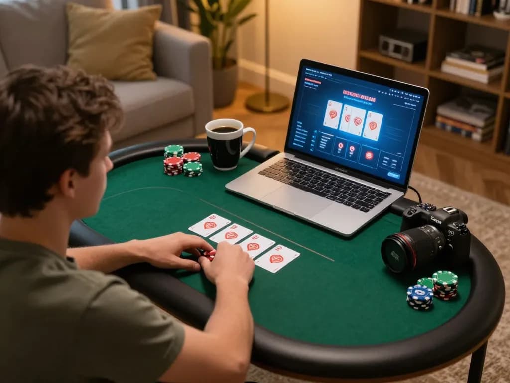 Enjoying a focused poker game on GG88 with cards, laptop, and snacks in a cozy home setting.