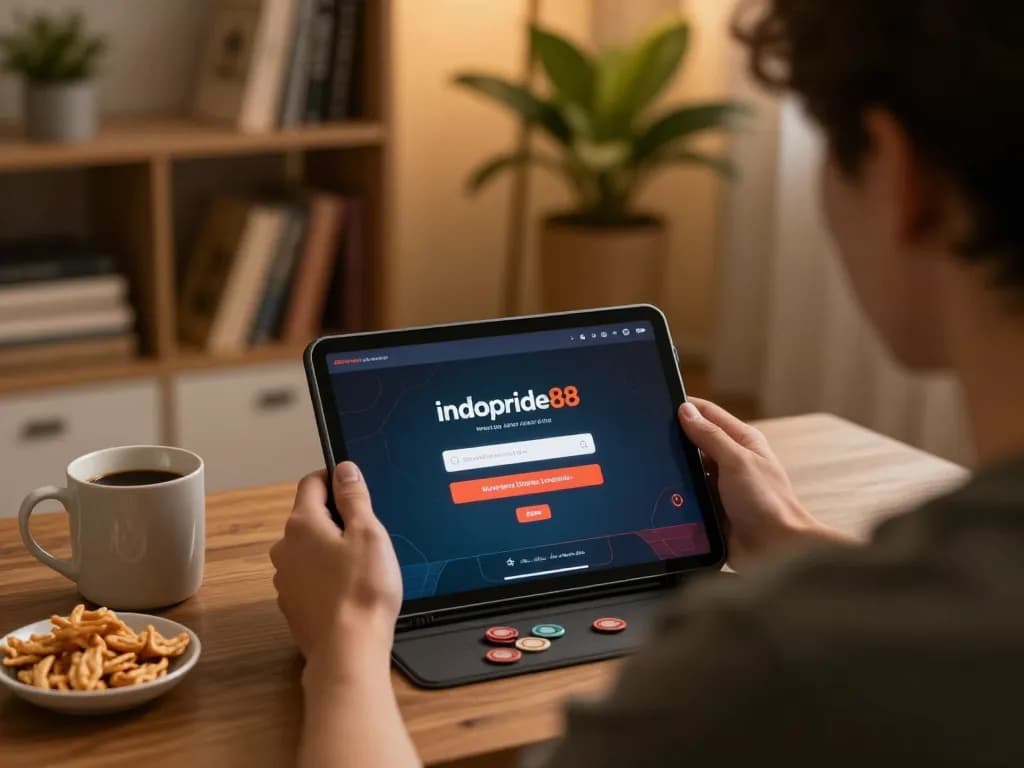 Indopride88 login interface displayed on tablet while playing poker in a cozy home setting.