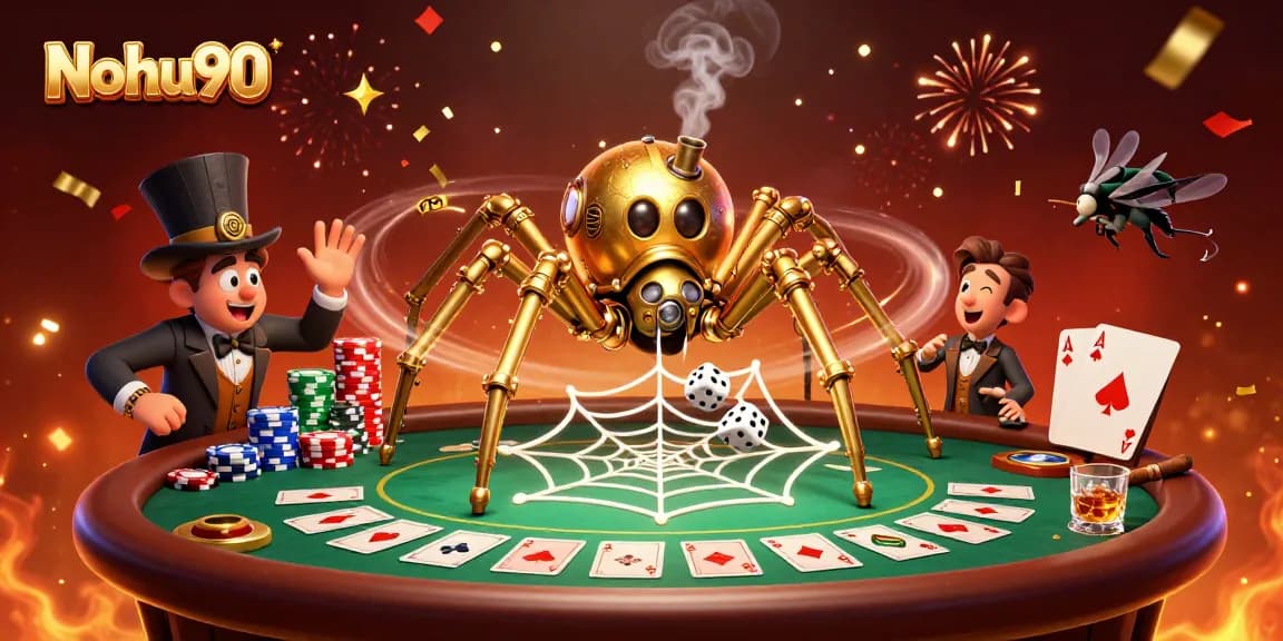 Nohu90 showcases a captivating 3D scene of a steampunk spider and a fly gentleman amid poker elements.