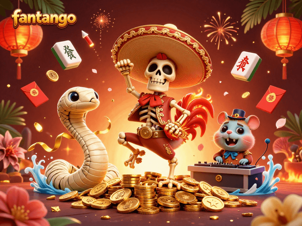 Experience thrilling victories with fantango, featuring vibrant characters celebrating on golden coins in an exciting casino setting.