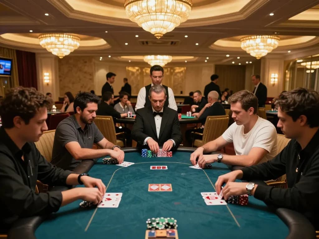 Pemain poker berisiko tinggi menikmati kredit percuma RM50 tanpa deposit di kasino mewah, mempamerkan suasana perjudian yang berkelas.