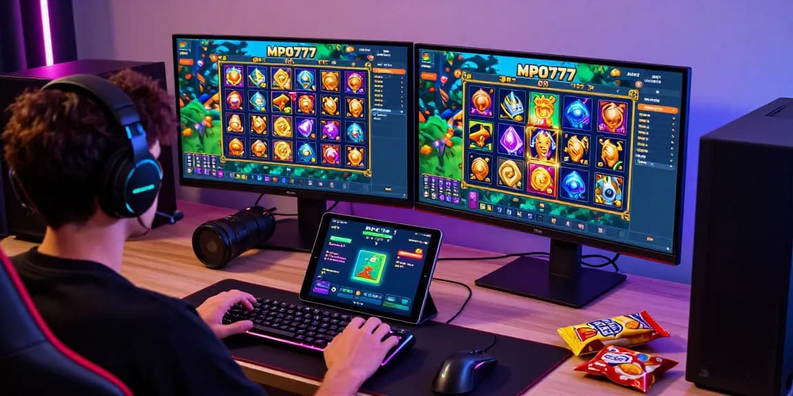 Engaged gamer playing MPO777 online slots with vibrant interface and gaming setup.