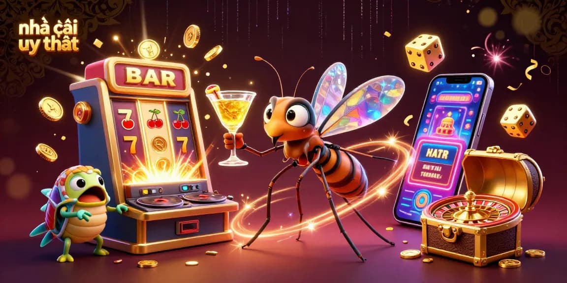 Experience the excitement of nhà cái uy tín with dynamic casino elements in a lively 3D illustration.